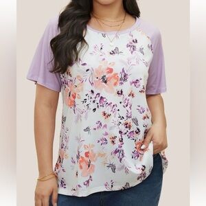 Bloomchic Plus Size 2XL Floral & Butterfly Print Raglan Sleeve T-Shirt - Lilac